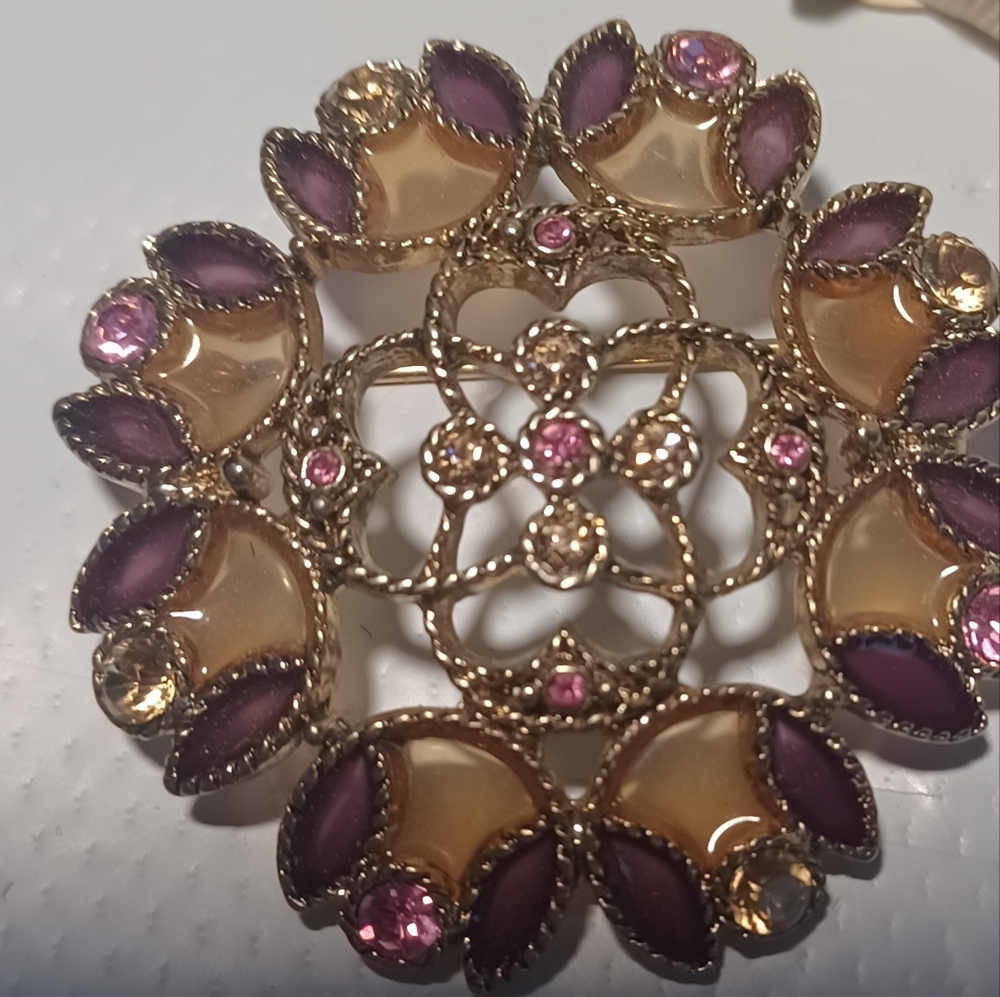 Brooch Tulip & Flower Plique A Jour Enameling Pink & Purple Rhinestones Goldtone